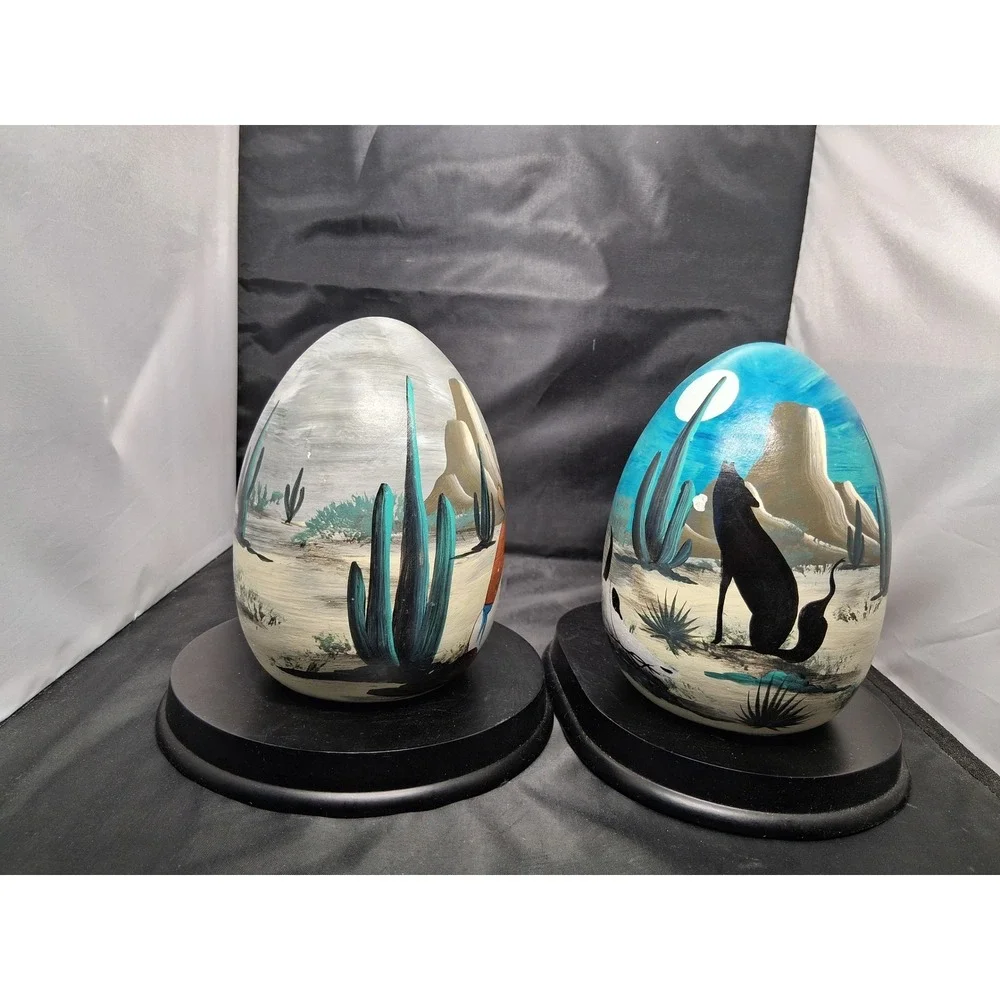 Vintage Hand Painted Ceramic Desert Scene Egg Statues Southwest Decor Set of 2